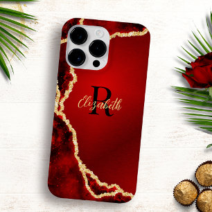 Elegant Monogrammed Red Black Gold Agate Girly Case-Mate iPhone 14 Pro Max Case