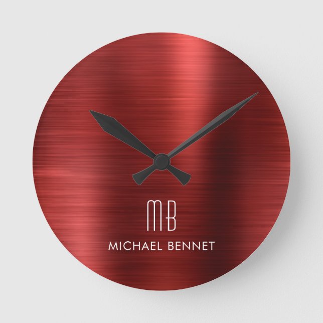 Elegant Monogrammed Red Brushed Metallic Round Clock (Front)