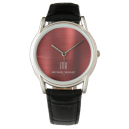 Elegant Monogrammed Red Brushed Metallic Watch