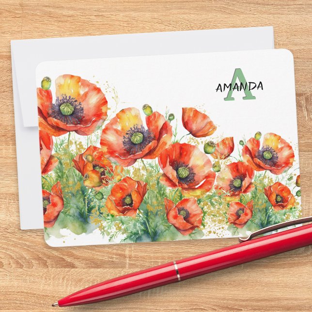 Elegant Monogrammed Red Poppies Poppy Flowers Note Card (A chic monogrammed notecard with red poppies design in a watercolor style)