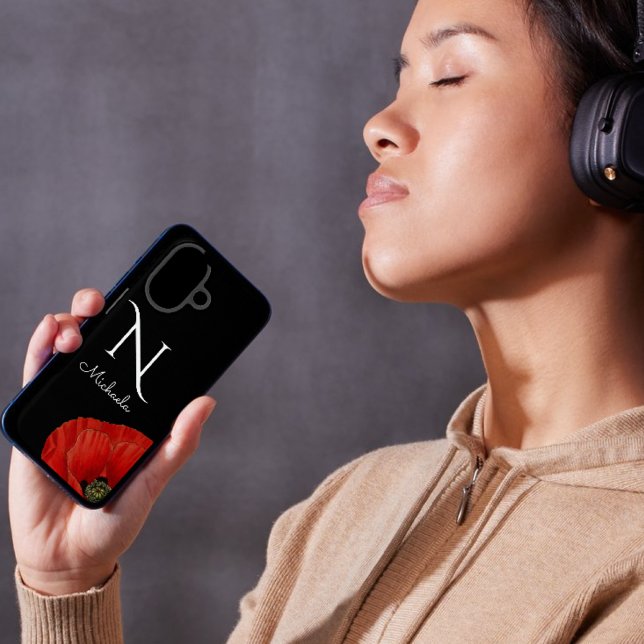 Elegant Monogrammed Red Poppy on Black Case-Mate iPhone Case (Creator Uploaded)