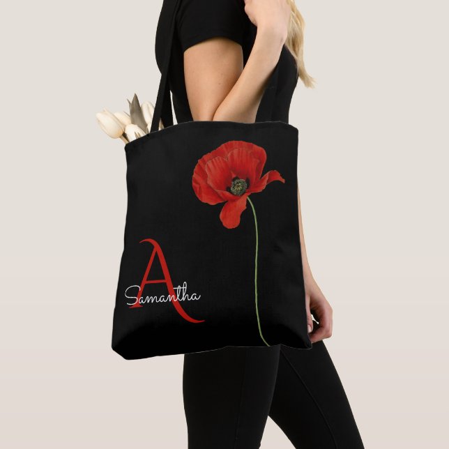 Elegant Monogrammed Red Poppy on Black Tote Bag (Close Up)