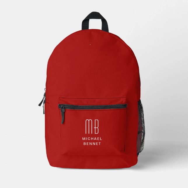 Elegant Monogrammed Red Printed Backpack (Front)