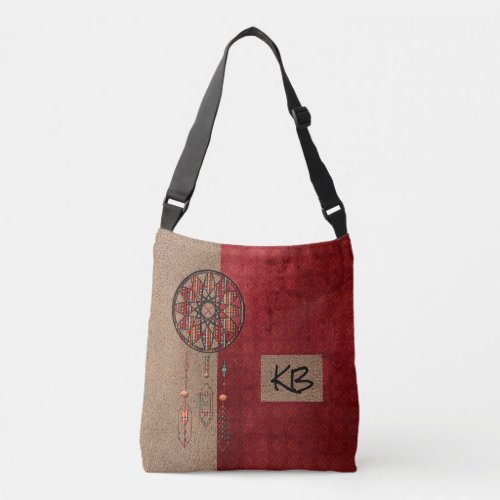 Elegant Monogrammed Red Tan Dreamcatcher Tote Bag