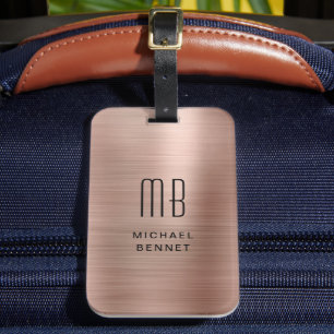 Elegant Monogrammed Rose Gold Brushed Metallic Luggage Tag