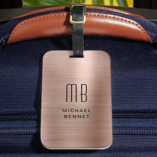 Elegant Monogrammed Rose Gold Brushed Metallic Luggage Tag (Front Insitu 2)
