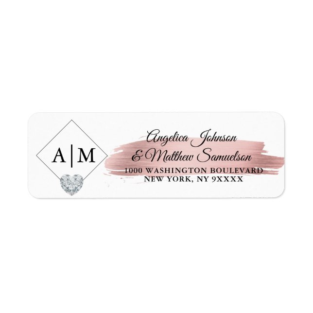 Elegant Monogrammed Rose Gold Foil Heart Wedding Label (Front)