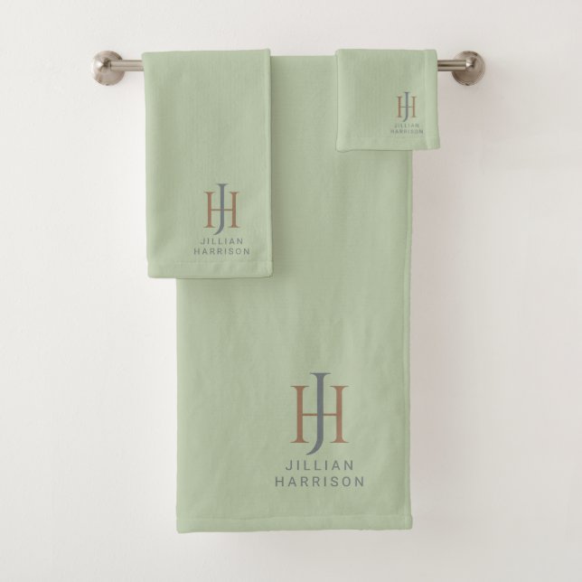 Elegant Monogrammed Sage Green Bath Towel Set (Insitu)