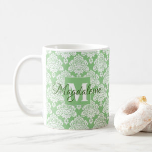 Elegant Monogrammed Sage Green & White Damask Coffee Mug