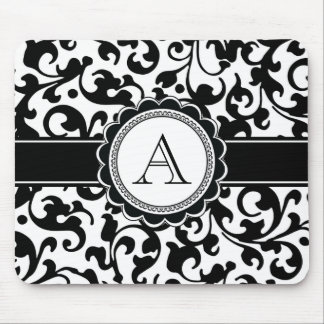 Elegant Monogrammed Scroll Damask Black and White Mouse Pad