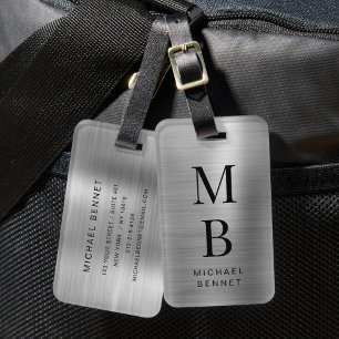 Elegant Monogrammed Silver Brushed Metallic Luggage Tag