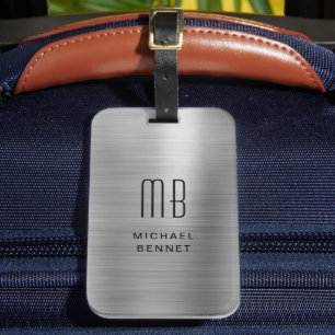 Elegant Monogrammed Silver Brushed Metallic Luggage Tag
