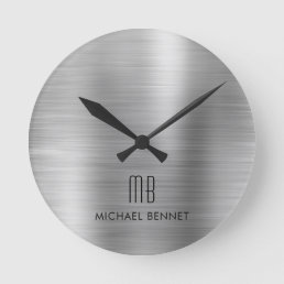 Elegant Monogrammed Silver Gray Brushed Metallic Round Clock