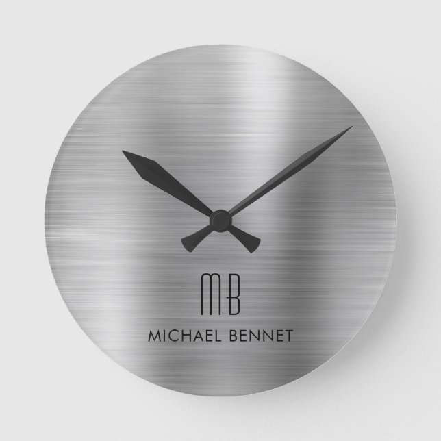 Elegant Monogrammed Silver Gray Brushed Metallic Round Clock (Front)