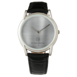 Elegant Monogrammed Silver Gray Brushed Metallic Watch