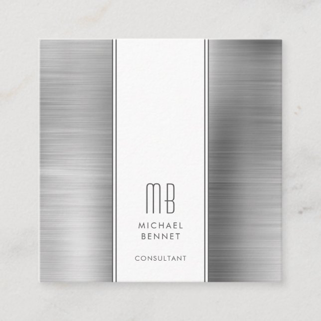 Elegant Monogrammed Silver Gray Consultant Square Business Card (Front)