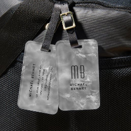 Elegant Monogrammed Silver Gray Liquid Ink Texture Luggage Tag
