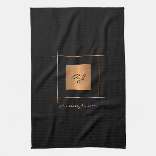 Elegant monogrammed simple modern chic black gold kitchen towel