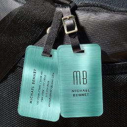 Elegant Monogrammed Teal Green Brushed Metal Luggage Tag