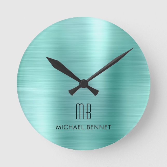 Elegant Monogrammed Teal Green Brushed Metallic Round Clock (Front)