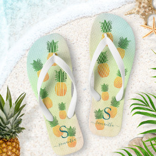 Elegant Monogrammed Tropical Pineapple Summer Flip Flops
