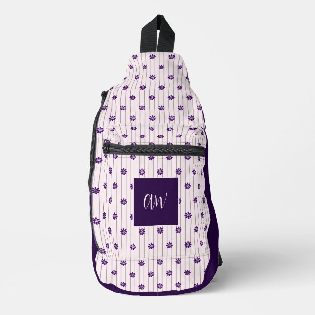 Elegant Monogrammed Violet, Blush Stripes & Blooms Sling Bag (Front)