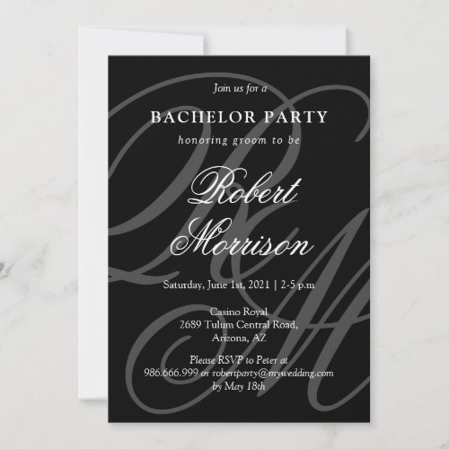 Elegant Monogrammed w QR code Bacherlor Party Invitation