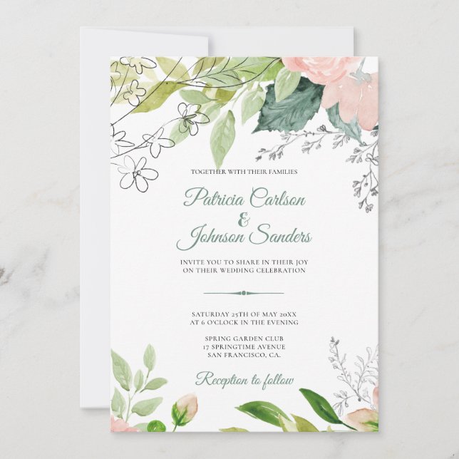 Elegant monogrammed watercolor floral wedding invitation (Front)