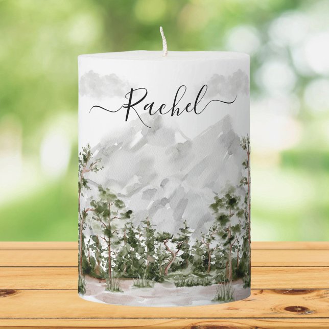 Elegant Monogrammed Watercolor Mountain and Forest Pillar Candle (Close up)