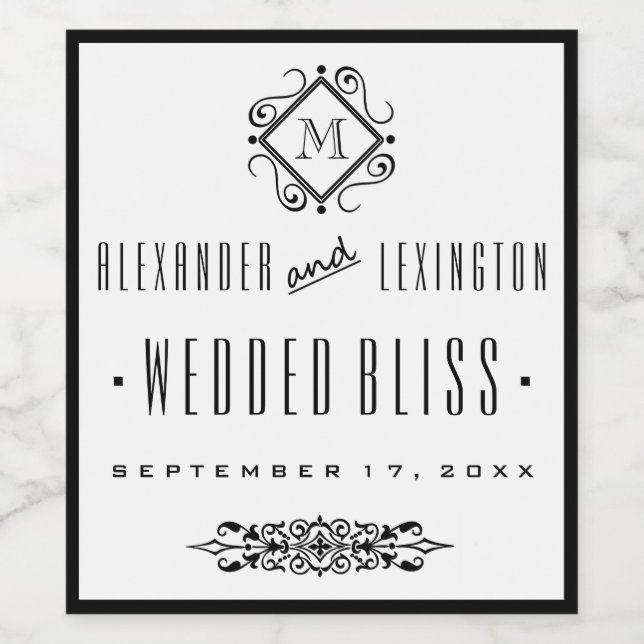 Elegant Monogrammed Wedding Wine Label (Single Label)