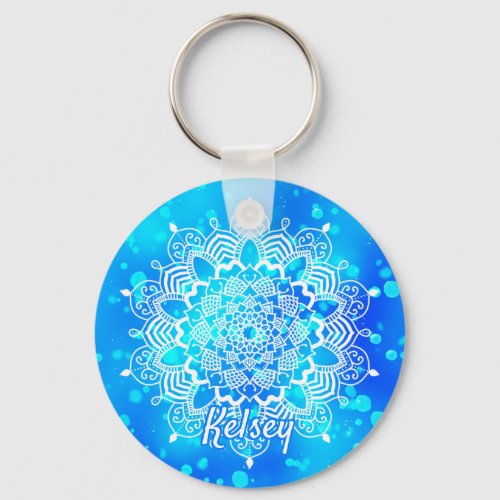 Elegant Monogrammed White  Blue Mandala Pattern Keychain