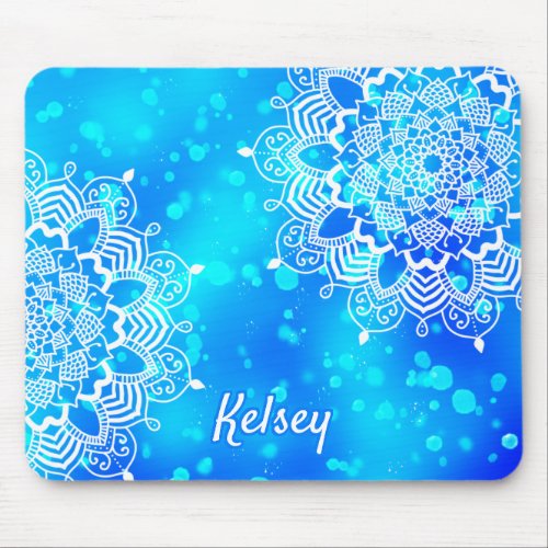 Elegant Monogrammed White  Blue Mandala Pattern M Mouse Pad