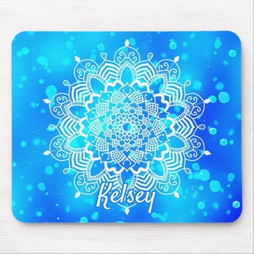 Elegant Monogrammed White  Blue Mandala Pattern Mouse Pad