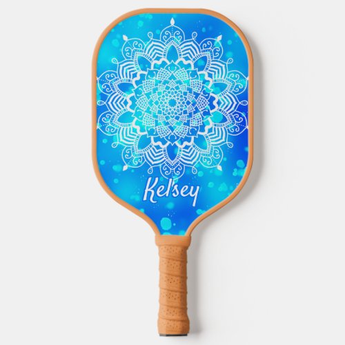 Elegant Monogrammed White  Blue Mandala Pattern Pickleball Paddle