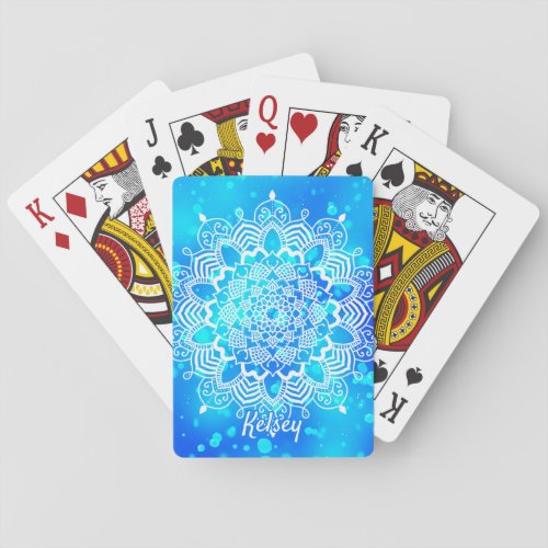 Elegant Monogrammed White  Blue Mandala Pattern Playing Cards