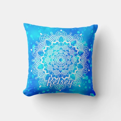 Elegant Monogrammed White  Blue Mandala Pattern Throw Pillow