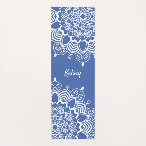 Elegant Monogrammed White  Blue Mandala Pattern Yoga Mat
