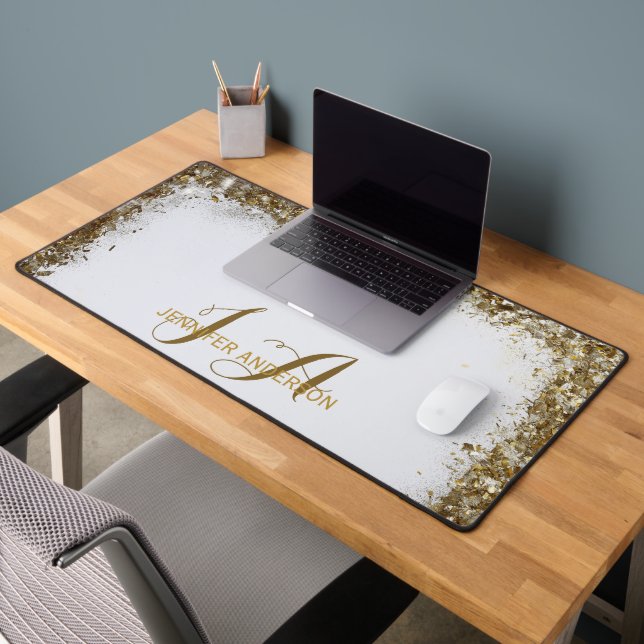 Elegant Monogrammed white gold faux glitter  Desk Mat (Office 2)