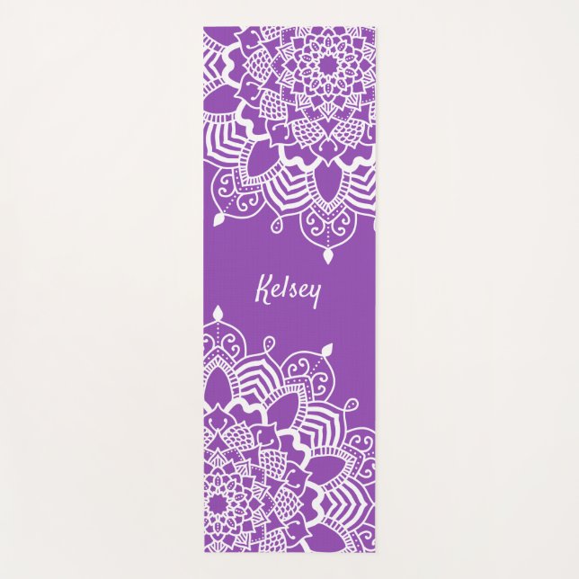 Elegant Monogrammed White & Purple Mandala Pattern Yoga Mat (Front)