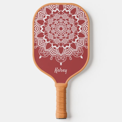 Elegant Monogrammed White  Red Mandala Pattern  Pickleball Paddle