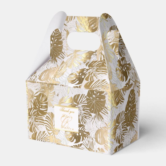 Elegant Monstera Gilded Gold Wedding Favor Boxes (Front Side)