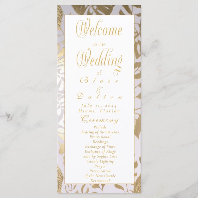 Elegant Monstera Gilded Gold Wedding Program (Front)