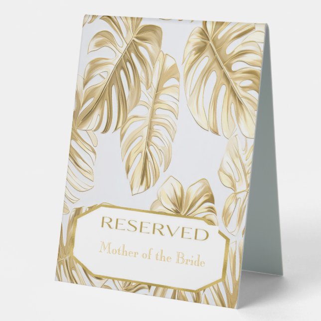 Elegant Monstera Gold Wedding Placement Card Table Tent (Front)