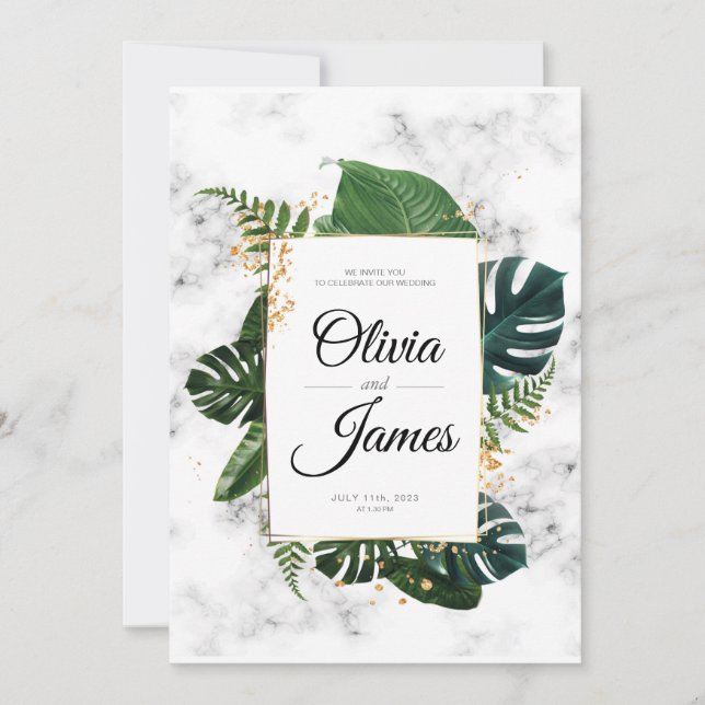 Elegant Monstera Greenery Wedding Gold Invitation (Front)