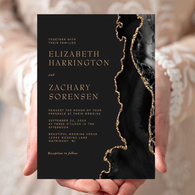 Elegant Moody Black Agate Gold Glitter Wedding Invitation (Creator Uploaded)