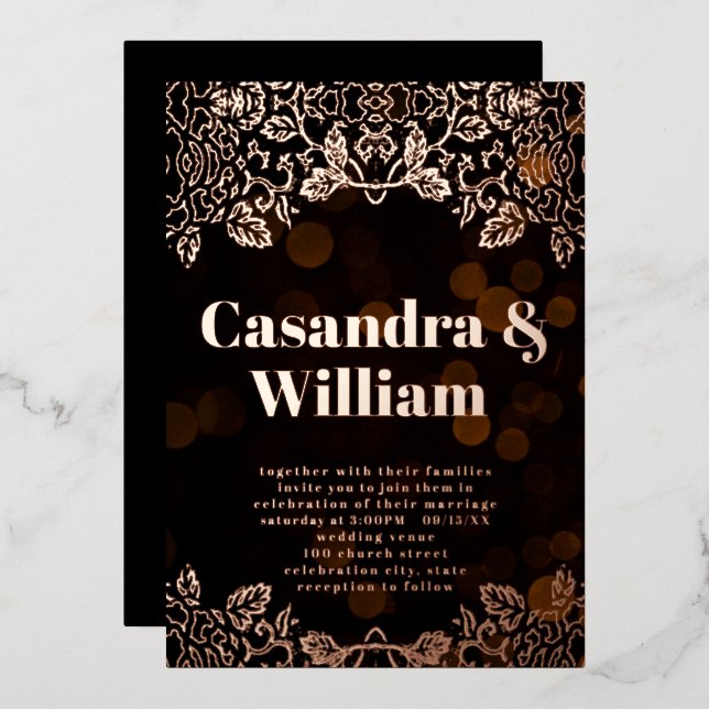 Elegant Moody Black Floral Gold Wedding Foil Invitation (Front/Back)