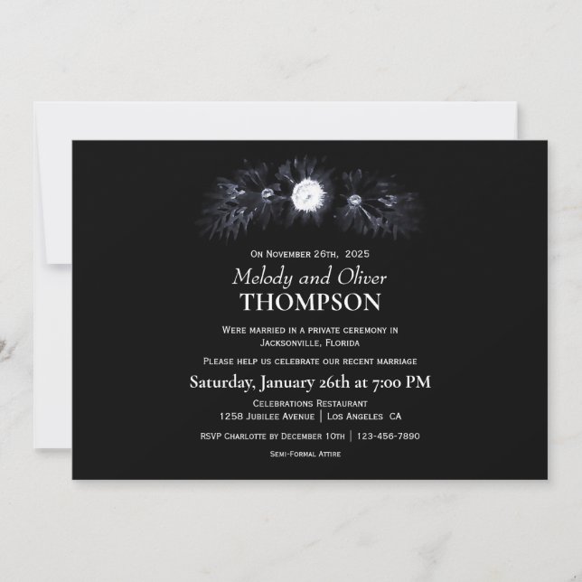 Elegant Moody Black Floral Post Wedding Invitation (Front)