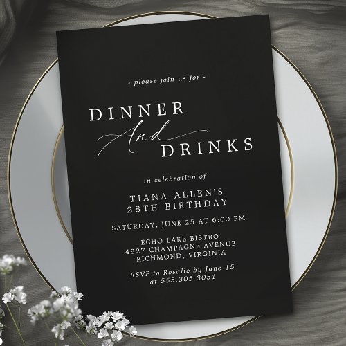 Elegant Moody Black  Formal Birthday Dinner Party Invitation