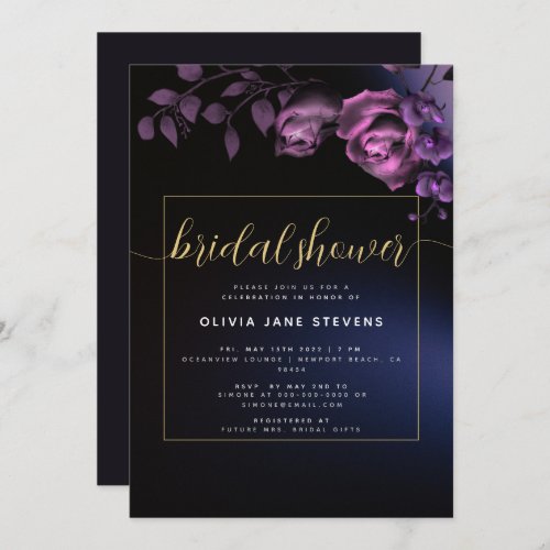 Elegant Moody Black Purple Floral Bridal Shower Invitation