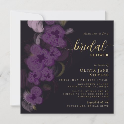 Elegant Moody Black Purple Orchids Bridal Shower Invitation